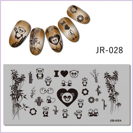 Пластина для печати на ногтях JR-028, панда, бамбук, цветок, сердце, любовь