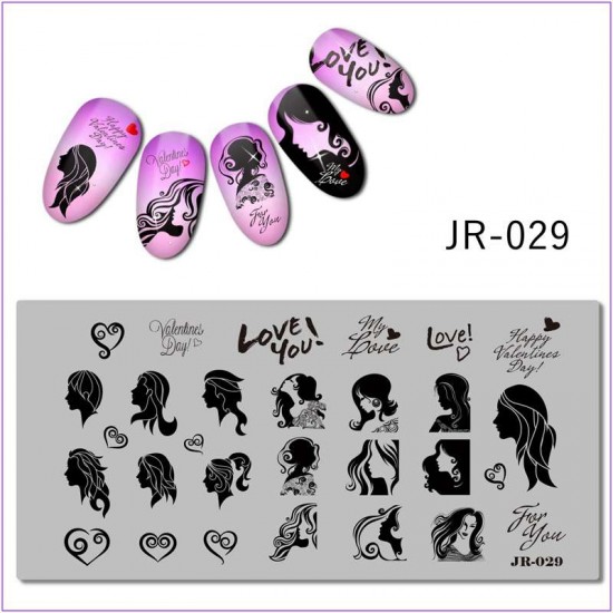 Пластина для печати на ногтях JR-029, любовь, силуэт, девушка, волосы, сердце, день влюбленных