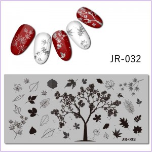 Пластина для печати на ногтях JR-032, листья, дерево, осень 