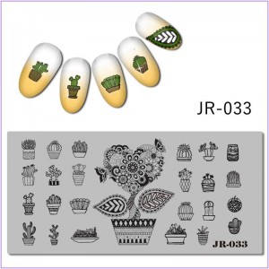 Пластина для друку на нігтях JR-033, домашня рослина, кактус, вазон, орнамент, горщик, акваріум, візерунок