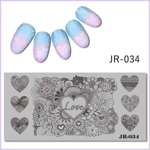 Пластина для печати на ногтях JR-034, кружево, орнамент, любовь, сердце, цветы, листья