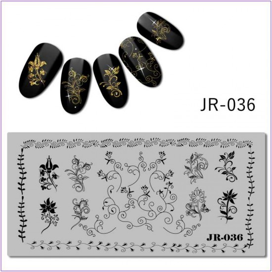 Пластина для печати на ногтях JR-036, узоры, цветы, вензеля, листья