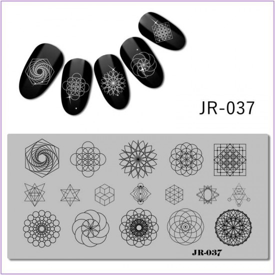 Пластина для печати на ногтях JR-037, геометрия, круги, мандала, узор, куб, квадрат