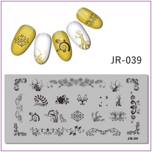 JR-039 Placa de impresión de uñas Patrón de monograma Remolinos Flores Hojas Hierba Puntos
