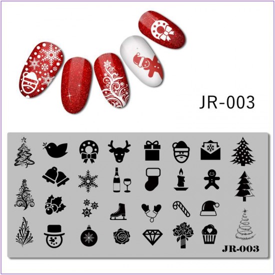 Пластина для друку на нігтях JR-003, новий рік, дід мороз, ялинка, сніговик, олень, шампанське, свічка, сніжинка, льодяник