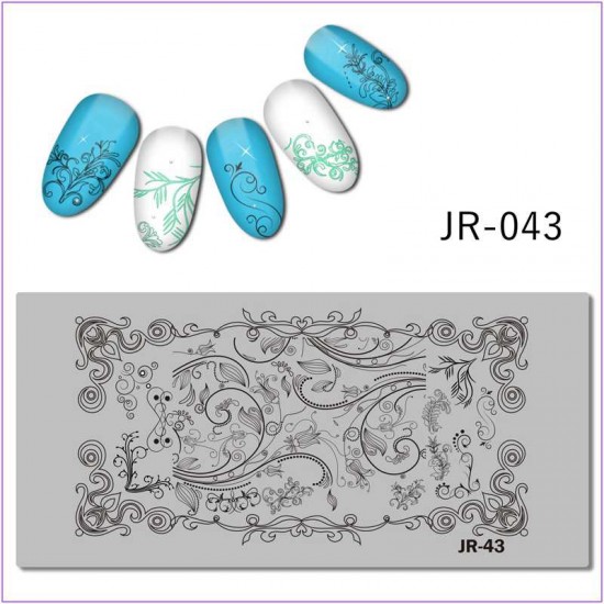 Пластина для печати на ногтях JR-043, вензеля, линии, точки, листочки, цветы, завитки, листья