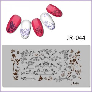 Пластина для печати на ногтях JR-044, роза, листья, шипы, бабочка, стрекоза, сердце, вензеля