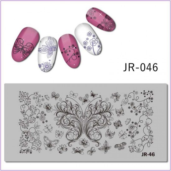 Пластина для печати на ногтях JR-046, бабочка, вензеля, цветочки, листья, линия, узор