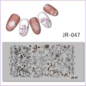 Plaat voor het bedrukken van nagels JR-047, monogrammen, patronen, bloemen, bladeren, swirls, stippen