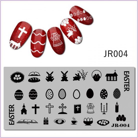 Пластина для печати на ногтях JR-004, крест, Пасха, чашка, подарок, библия, свеча, яйца, ангелочек, крашанка