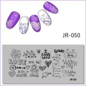 Пластина для друку на нігтях JR-050, любов, серце, любовні написи, квітка, лист, кадр, день весілля