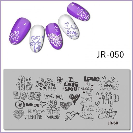 Пластина для печати на ногтях JR-050, любовь, сердце, любовные надписи, цветок, письмо, рамка, день свадьбы