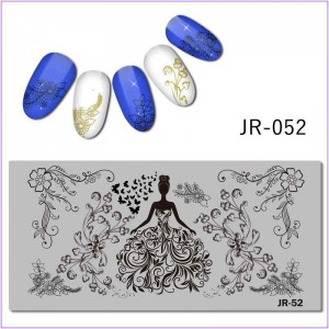 Пластина для печати на ногтях JR-052, девушка, платье, вензеля, листья, цветы, бабочки
