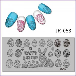 Plaat voor het bedrukken van nagels JR-053, Pasen, eieren, krashanka, haas, kant, bloemen, geometrie