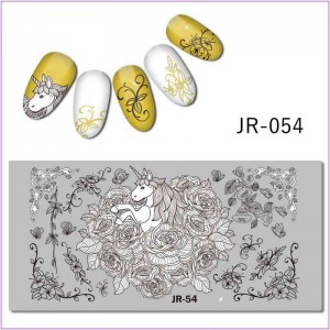 Пластина для печати на ногтях JR-054, единорог, бабочка, цветы, розы, вензеля, завитки