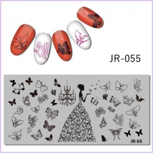 Пластина для друку на нігтях JR-055, дівчина, сукня, метелики, свічка