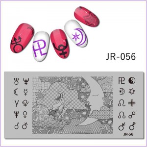 Пластина для друку на нігтях JR-056, знаки зодіаку, мітла, зірка, геометрія, місяць, дівчина, мереживо