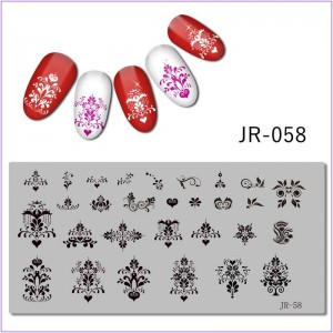 JR-058 Placa de impressão de unhas Monograma Padrão Ornamento Pontos Cachos Coração Flores Folhas