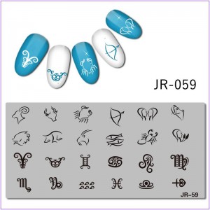 Пластина для друку на нігтях JR-059, знаки зодіаку, риби, козерів, овен, діва, ваги, козеріг, риби, скорпіон, водолій, лев, близнюки, тілець