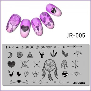 Пластина для печати на ногтях JR-005, ловец снов, стрела, олень, любовь, сердце, луна, геометрия 