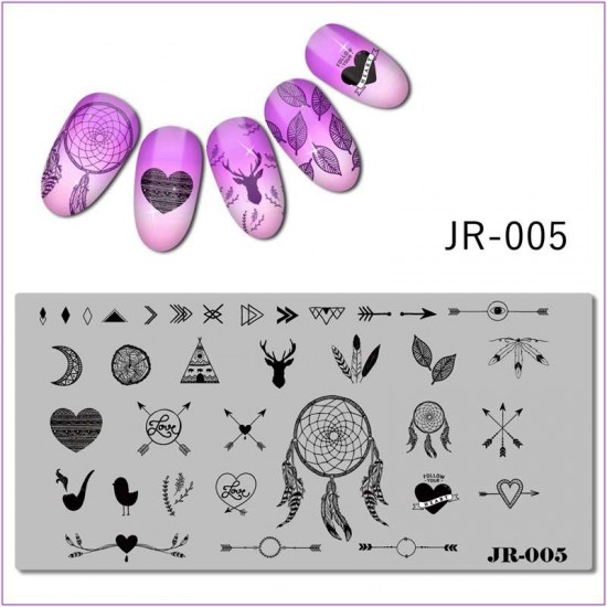 JR-005 Placa de impressão de arte em unhas apanhador de sonhos flecha veado amor coração lua geometria