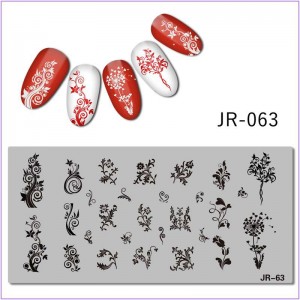 JR-063 Nail Printing Plate Dandelion Swirls Tree Flowers Leaves Monogram Patterns