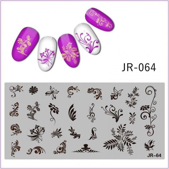 Пластина для друку на нігтях JR-064, завитки, черепашка, листя, папороть, метелик, квітка, крапки, вензеля
