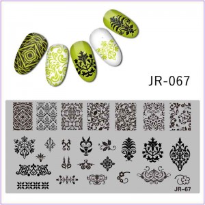 JR-067 Placa de Impressão de Unhas Ornamento Monogramas Padrões Flores Desenhos Originais