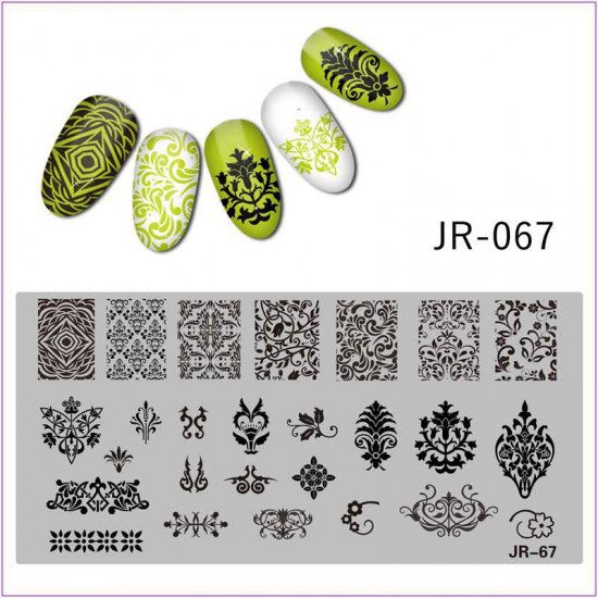 Пластина для печати на ногтях JR-067, орнамент, вензеля, узоры, цветы, оригинальные рисунки