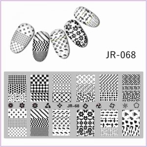JR-068 Placa de impresión de uñas Geometría Trazas Flores Flecha Círculos Cuadrados Triángulos Hojas Nubes Paraguas
