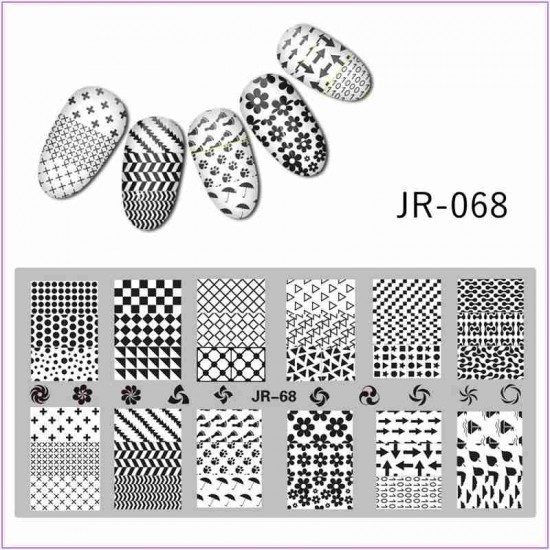 JR-068 Nail Printing Plate Geometry Traces Flowers Arrow Circles Squares Triangles Leaves Clouds Umbrella