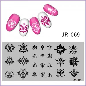 Пластина для печати на ногтях JR-069, завитки, вензеля, орнамент, узор, цветы, листочки, точки, бабочка, круг
