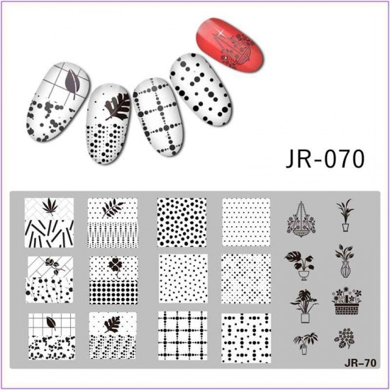 Пластина для друку на нігтях JR-070, стемпінг пластина, вазон, домашня рослина, геометрія, крапки, квіти, троянда, коноплі, листя