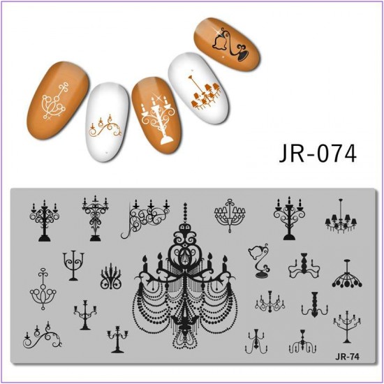 Пластина для печати на ногтях JR-074, канделябр, лампа, люстра, свеча, подсвечник