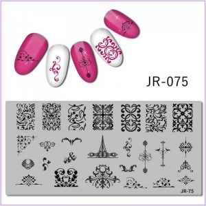 JR-075 nageldrukplaat, monogrammen, wervelingen, originele patronen, ornament