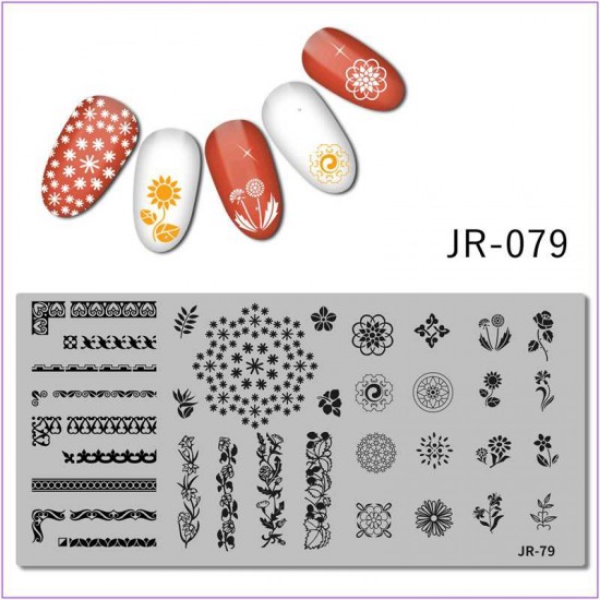 Пластина для печати на ногтях JR-079, узор, колокольчик, ромашка, одуванчик, роза, орнамент, цветы, листья