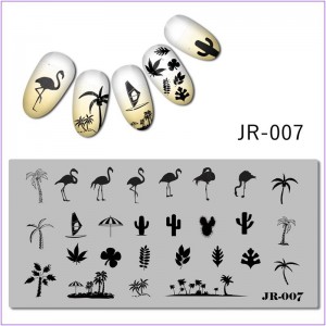Пластина для печати на ногтях JR-007, фламинго, кактус, лето, пальма, парус, зонт, листья 