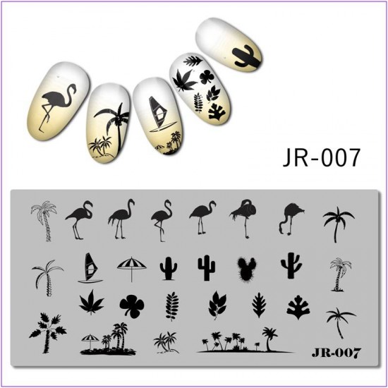 JR-007 Placa de impresión de uñas Flamingo Cactus Verano Palmera Vela Paraguas Hojas