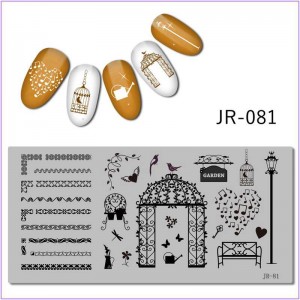 Пластина для друку на нігтях JR-081, арка кохання, папуга в клітці, бабка, метелик, серце, голуби, кохання, музика, ноти, візерунки, ліхтар