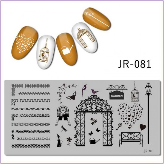 Пластина для печати на ногтях JR-081, арка любви, папугай в клетке, стрекоза, бабочка, сердце, голуби, любовь, музыка, ноты, узоры, фонарь