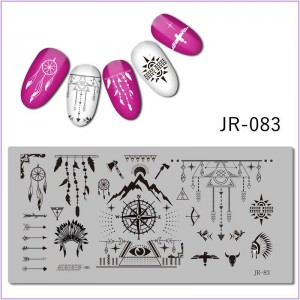 Пластина для друку на нігтях JR-083, пір'я, компас, місяць, ловець снів, стрілка, індійське пір'я, гора, стріла, хижак, око