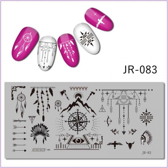 JR-0083 Placa de impresión de uñas Plumas Brújula Luna Atrapasueños Flecha Plumas indias Flecha de montaña Ojo de depredador