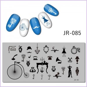 Пластина для друку на нігтях JR-085, ретро, капелюх, вуса, велосипед, туфлі, ключ, сукня, годинник, глечик, ваза, тумбочка