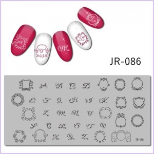 JR-086 Marco de placa de impresión de uñas Marcos rizados Alfabeto inglés Letras originales