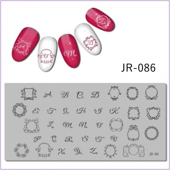 Пластина для печати на ногтях JR-086, рамка, фигурные рамки, английский алфавит, оригинальные буквы
