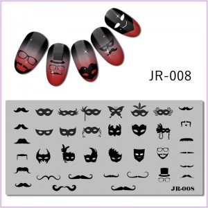 Пластина для печати на ногтях JR-008, маска, силуэт, усы, очки, шляпа, карнавал