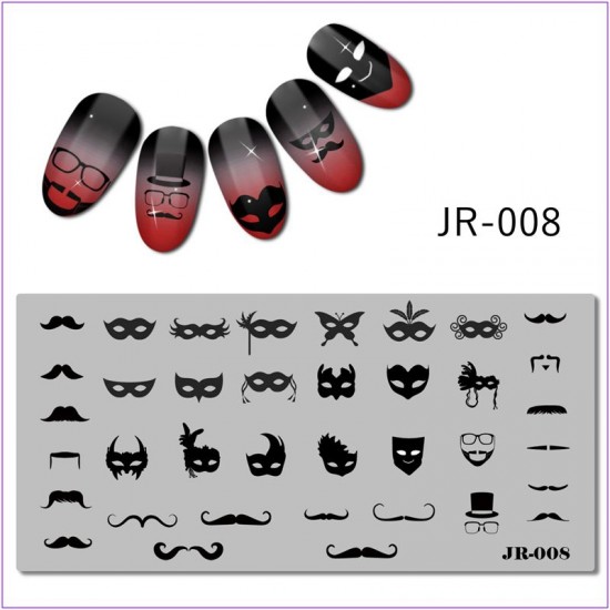 JR-008 Nail Printing Plate Maska Sylwetka Wąsy Okulary Kapelusz Karnawał-3142-uprettego-cechowanie