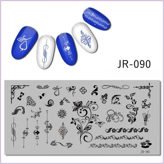 Пластина для печати на ногтях JR-090, вензеля, груша, узор, бабочка, кувшинка, змея, цветочки