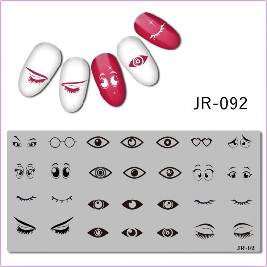Пластина для печати на ногтях JR-092, глаз, ресницы, брови, очки, веселые мордочки