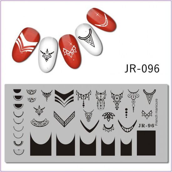 Пластина для печати на ногтях JR-096, стемпинг на ногтях, колье, бусы, узор, точки, полукруг, френч, французский маникюр